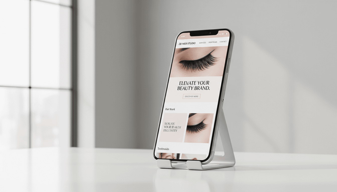 Smartphone displaying a luxury lash tech website mockup in a clean studio setting