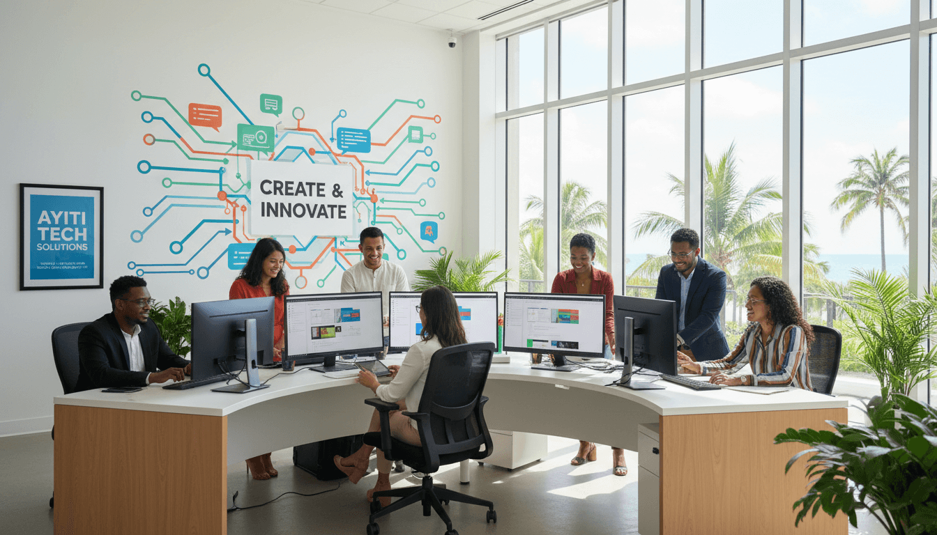 Diverse web design team collaborating in a modern office with bright natural light
