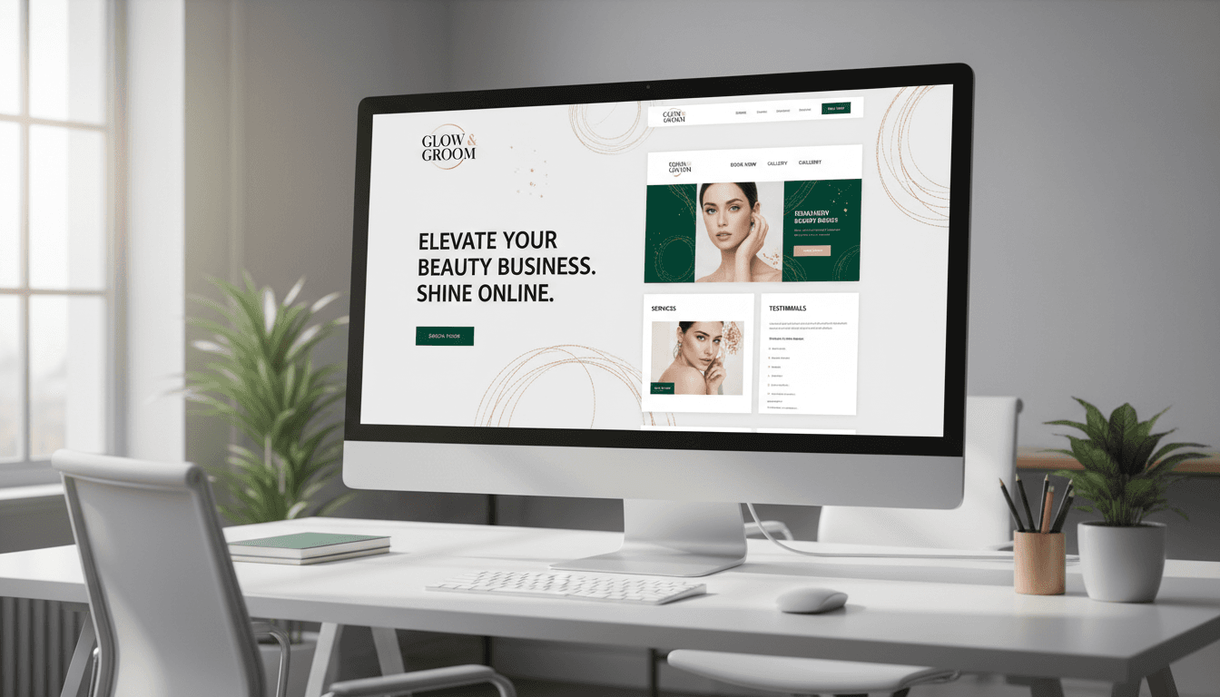 Modern web design interface for beauty professionals displayed on a computer screen in a minimalist office.