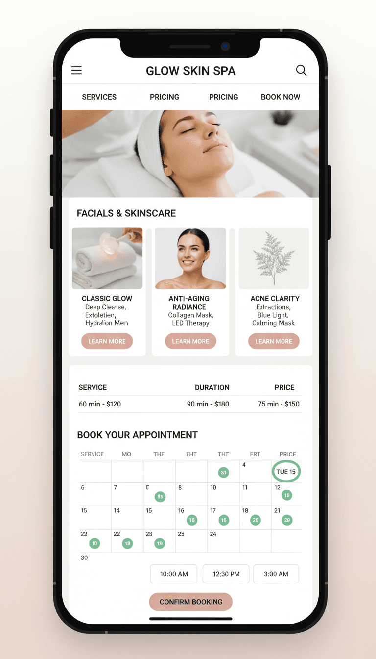 Esthetician website with service booking