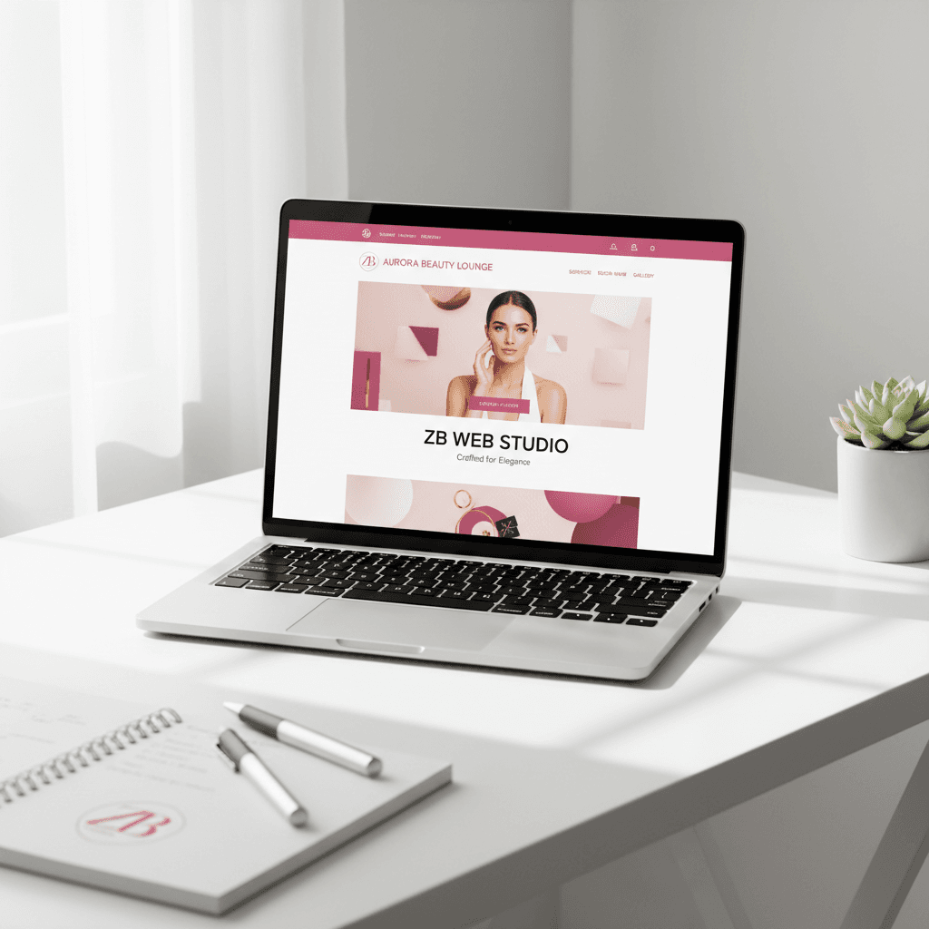 Laptop displaying a beauty salon website mockup by ZB Web Studio.